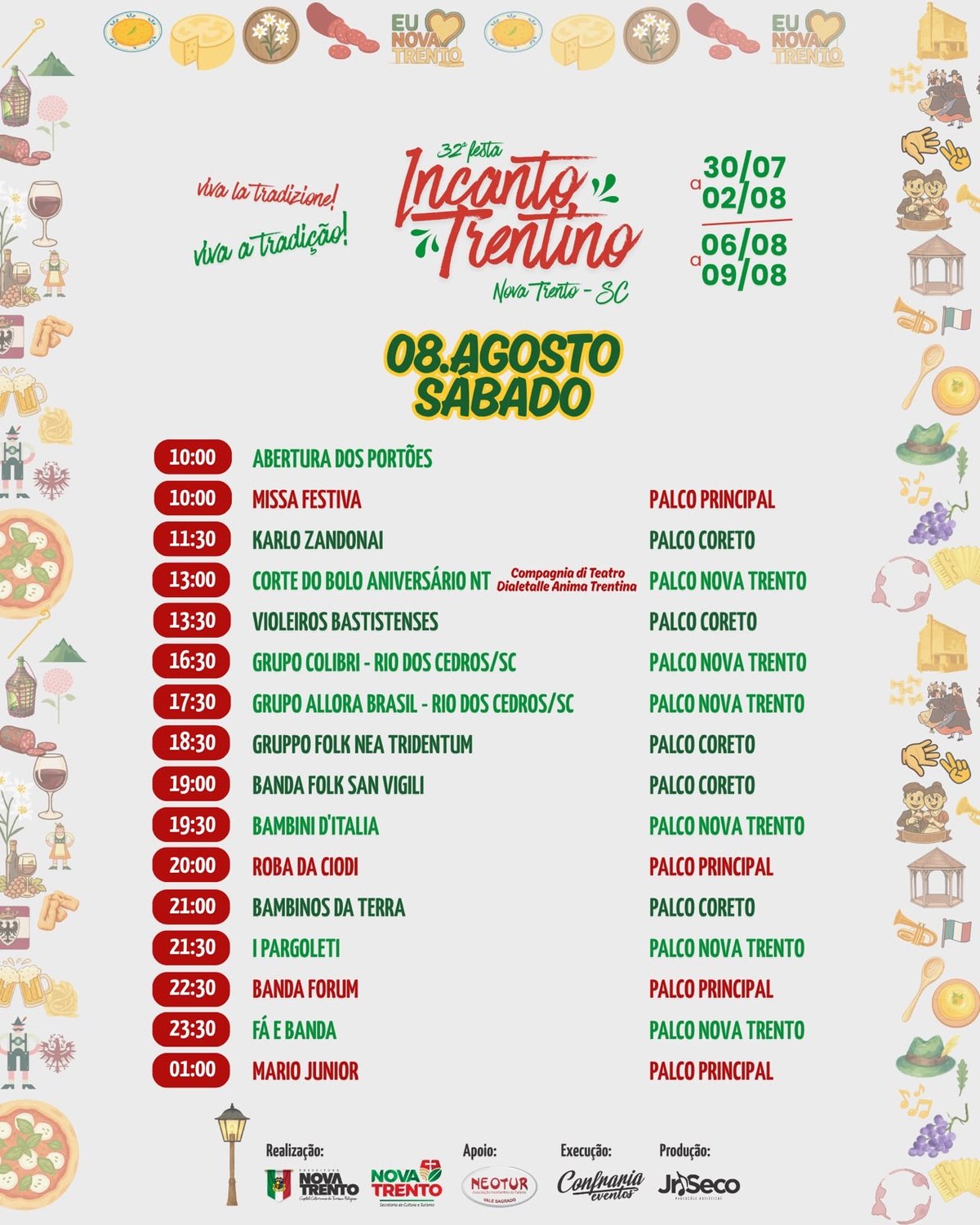 Programação de sábado, 8 de agosto