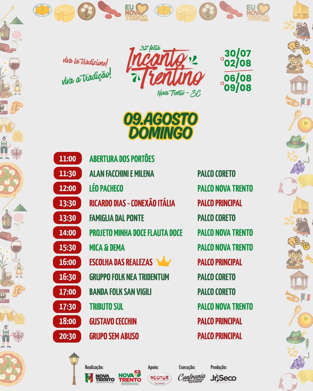 Programação de domingo, 9 de agosto