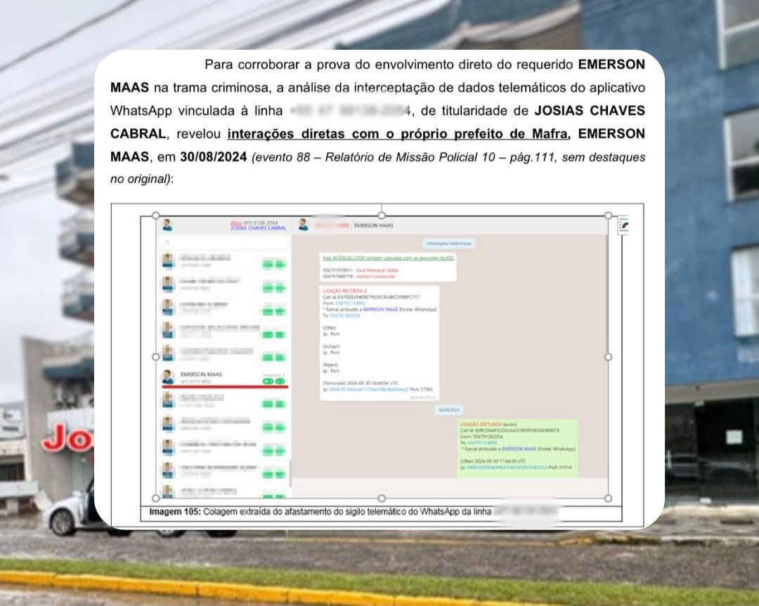 Interceptação telemática registrou interação direta de WhatsApp entre Josias Chaves Cabral e Emerson Maas em 30 de agosto de 2024