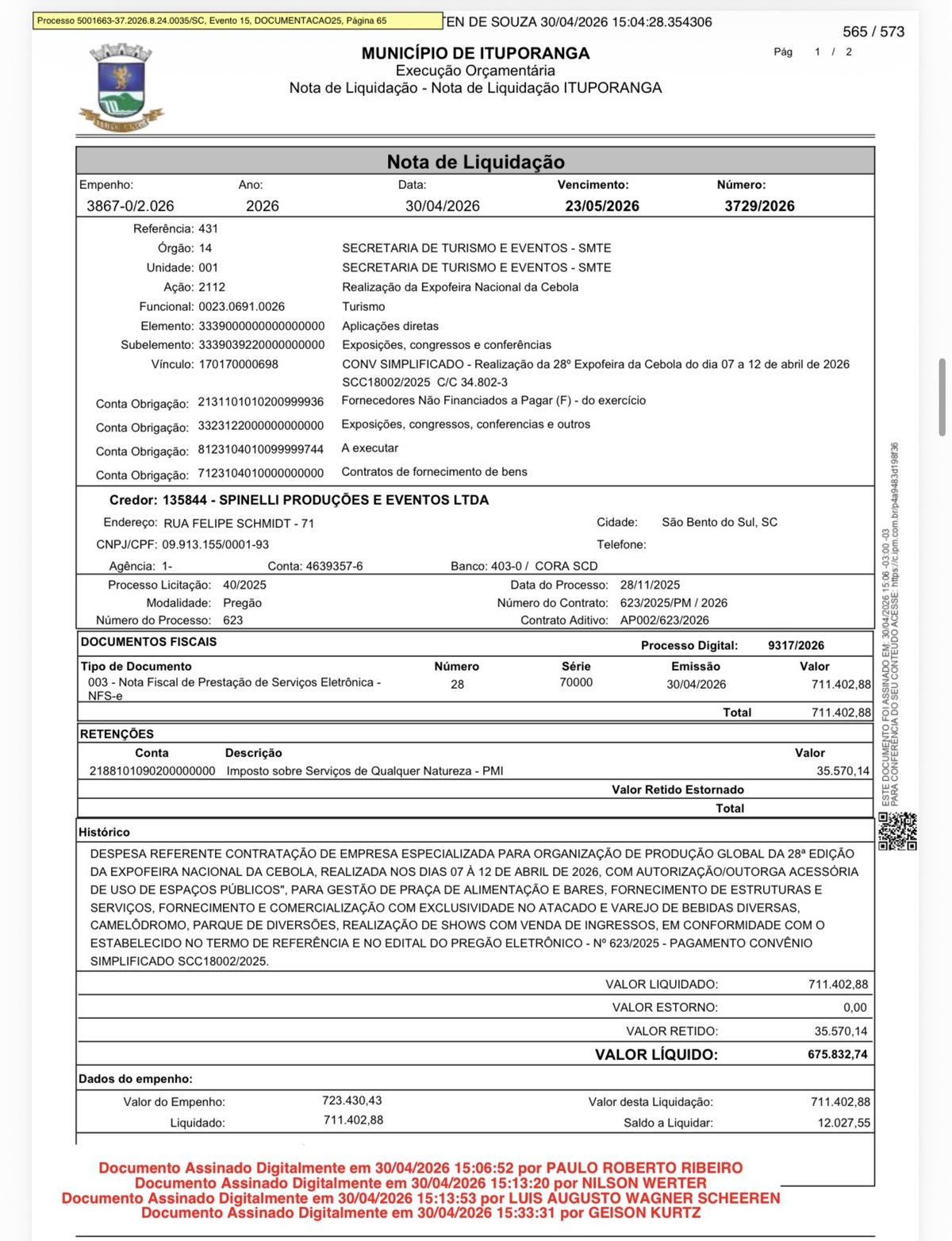 Nota de liquidação de R$ 711.402,88 do Município de Ituporanga em favor da Spinelli