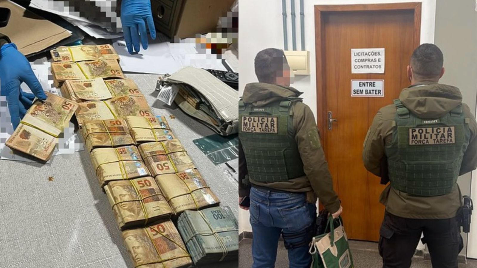 Dinheiro apreendido e policiais em sala de licitações durante a Operação Pão e Circo