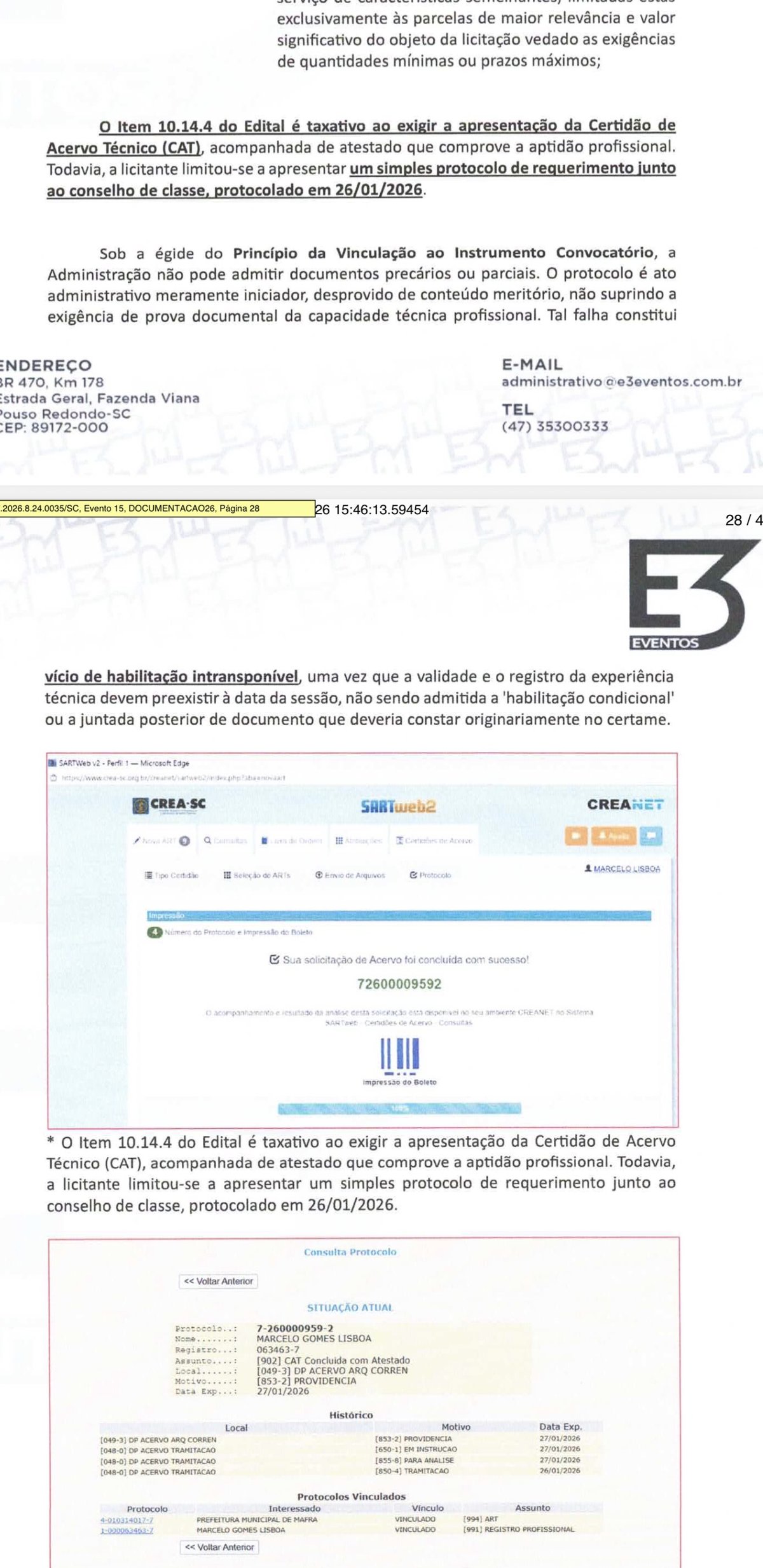 Tela do sistema do CREA-SC com o protocolo do pedido de certidão