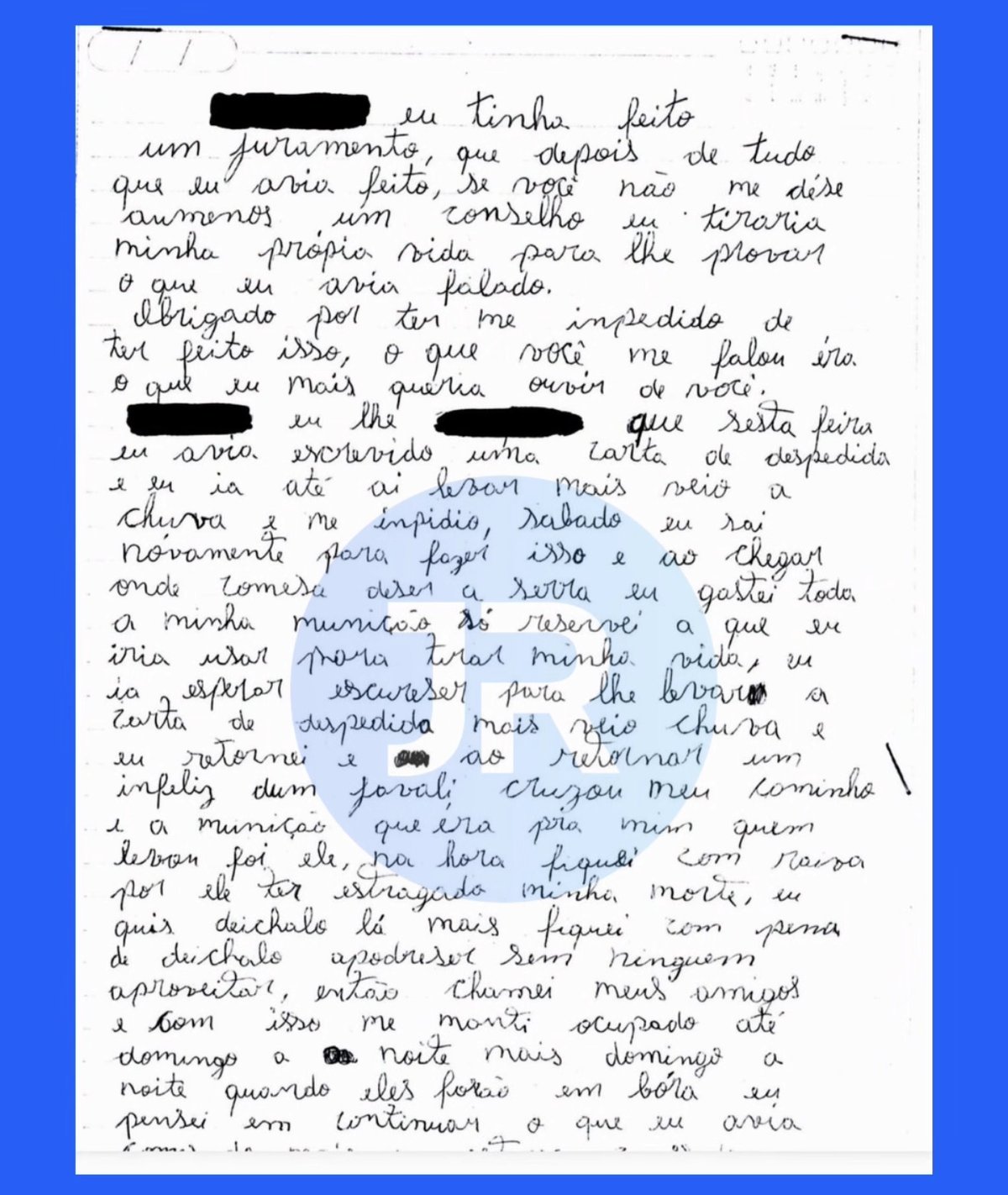 Carta manuscrita longa anexada ao inquérito policial