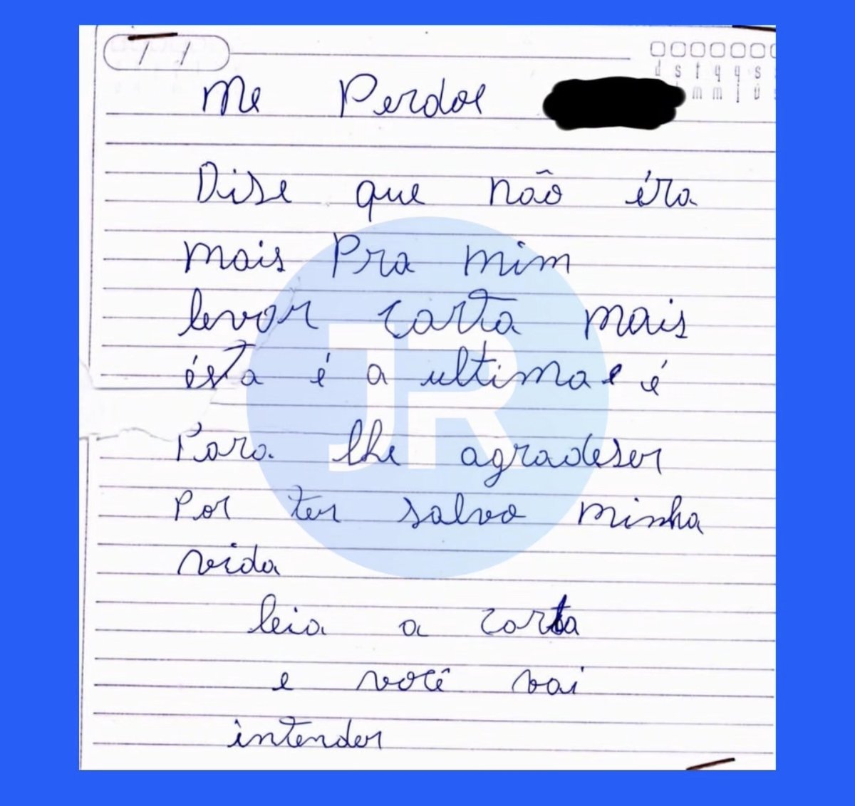 Carta manuscrita com o nome da vítima tarjado