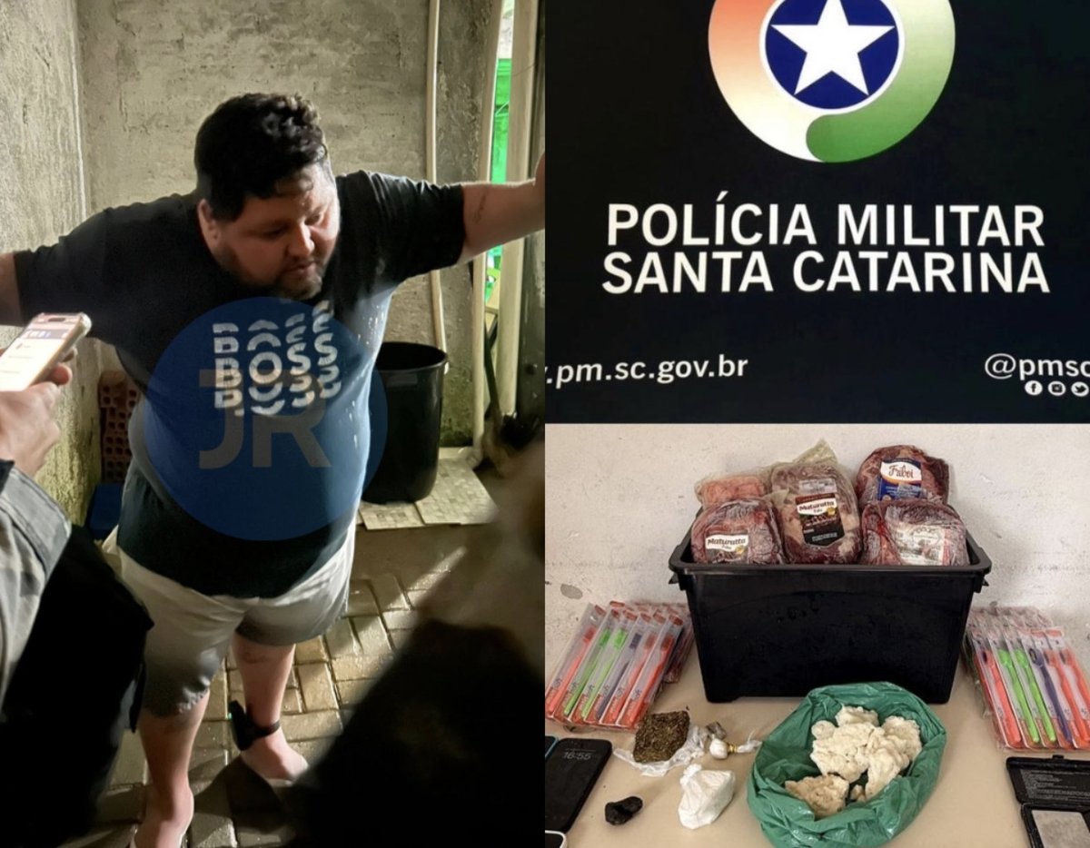 Rodrigo Antunes Macacari e o material apreendido pela Polícia Militar