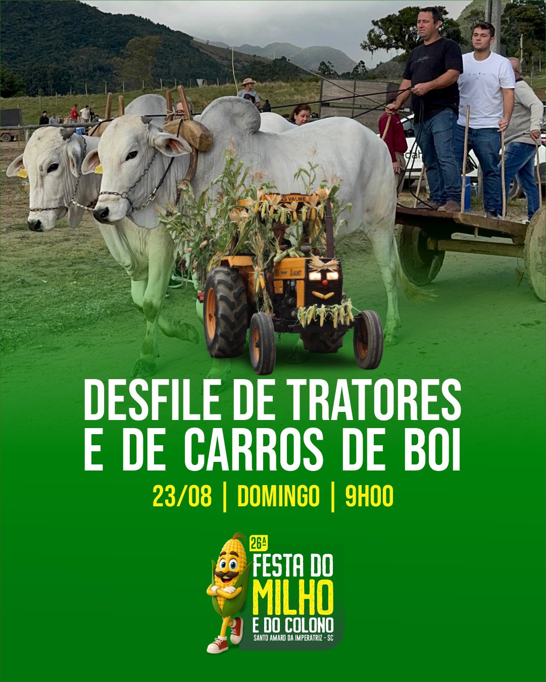 O desfile de carros de boi e de tratores abre o domingo (23), às 9h. Foto: Divulgação