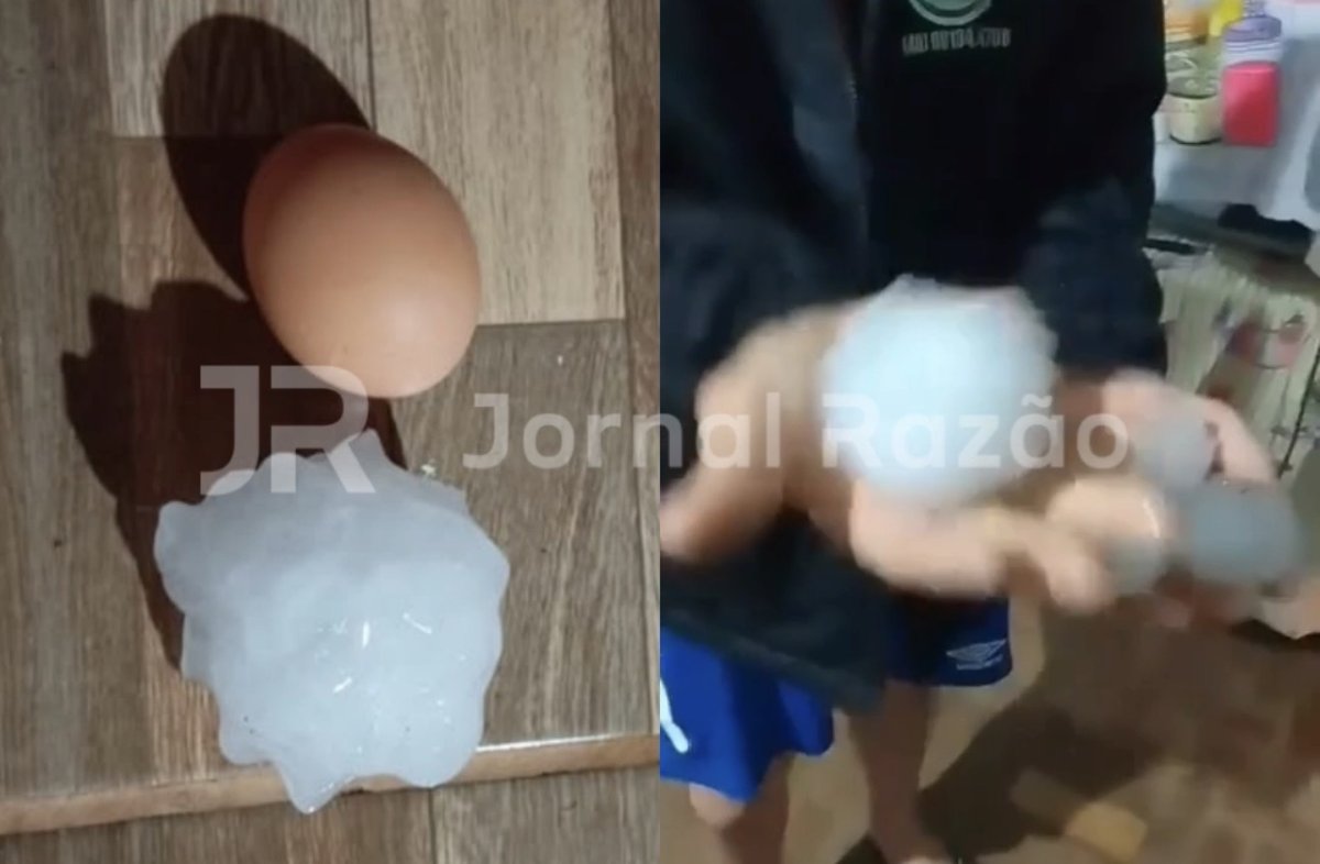 Pedra de granizo comparada a um ovo de galinha