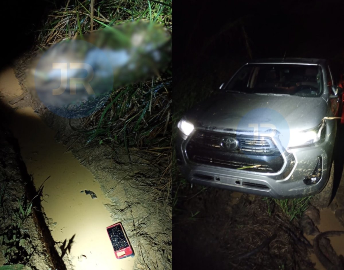Toyota Hilux recuperada e local do confronto no bairro Itinga, em Araquari