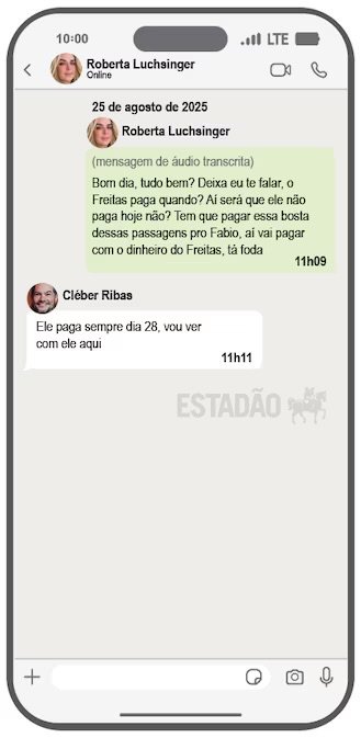 Print de conversa entre Roberta Luchsinger e Cléber Ribas em 25 de agosto de 2025