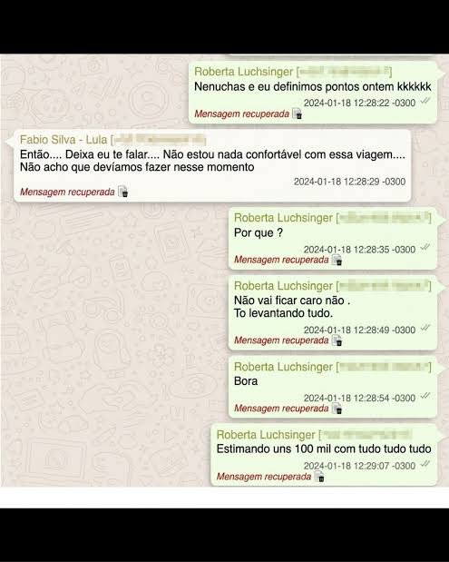 Mensagens recuperadas em que a lobista estima R$ 100 mil para a viagem