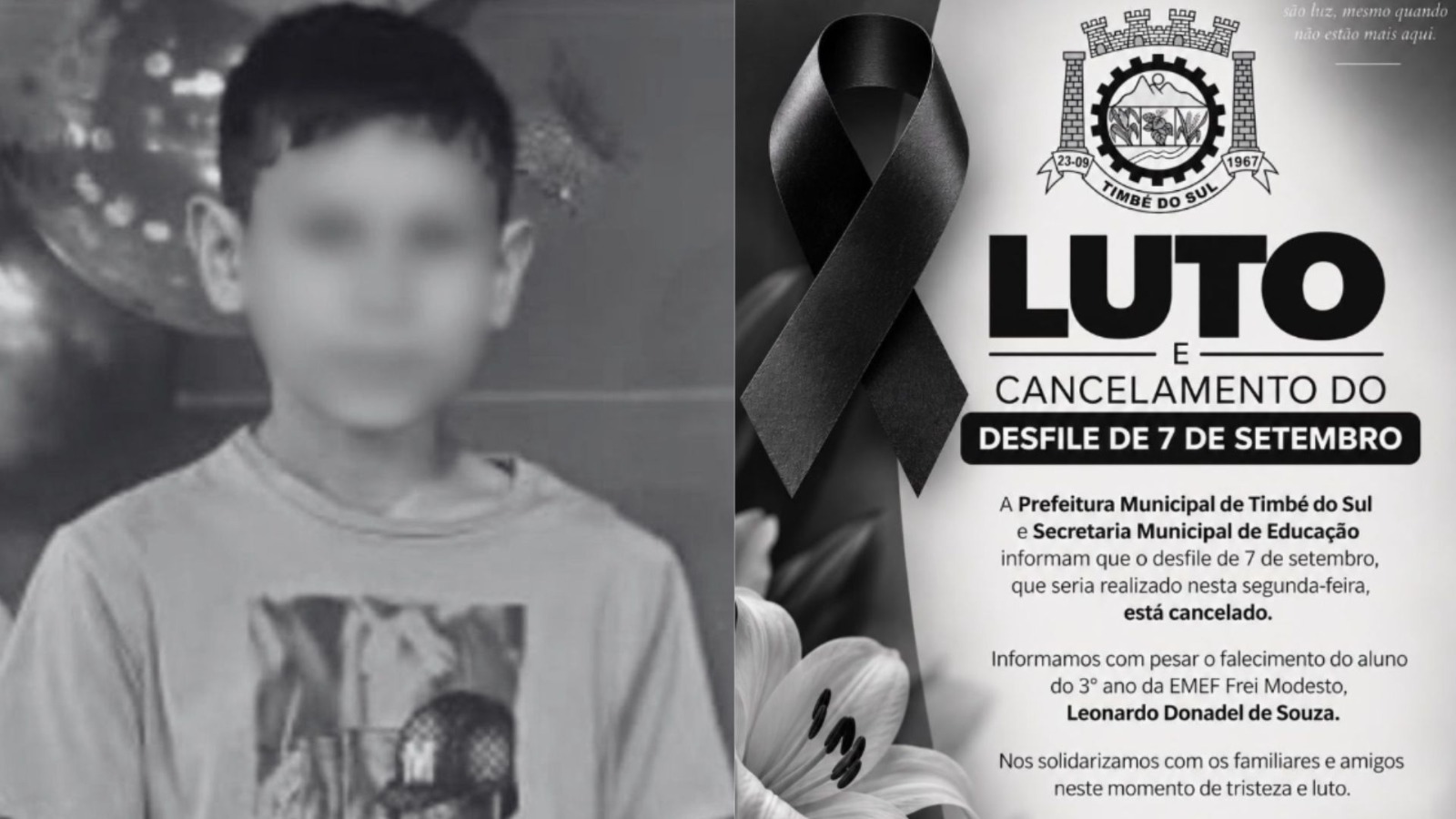 “Hoje está indo um pedaço meu”: cidade de SC cancela desfile de 7 de Setembro após morte de menino de 8 anos