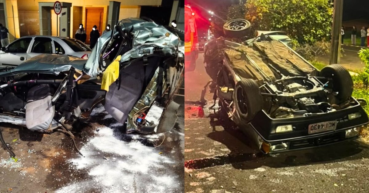 Carro fica destruído ao “partir poste ao meio”, capota e motorista “nasce de novo” em SC