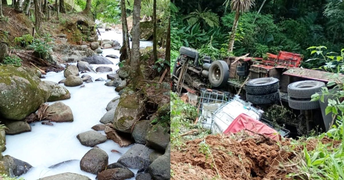 Caminhão com produto químico capota em ribeirão de SC e obriga isolamento imediato