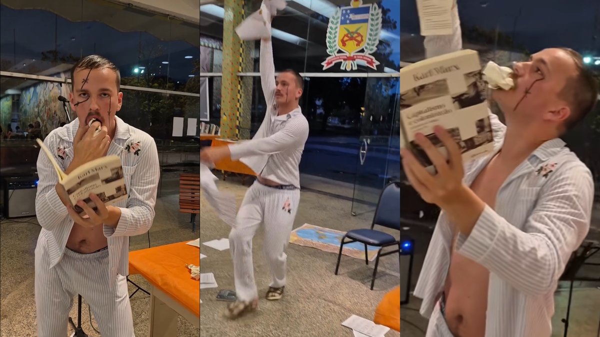 Artista “devora” obra de Marx na Feira do Livro da UFSC e post da performance tem comentários desativados - QTU Questões do Universo