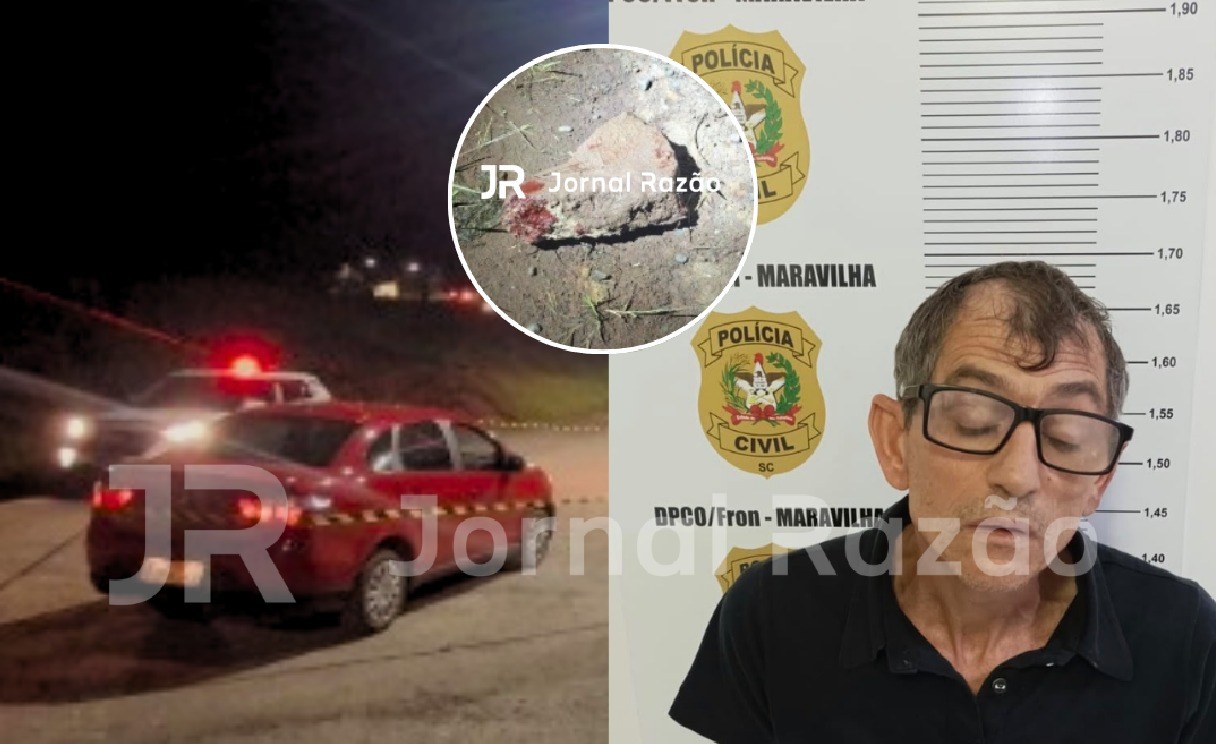 Viatura no local do crime e Ivanildo Stella na delegacia em Maravilha