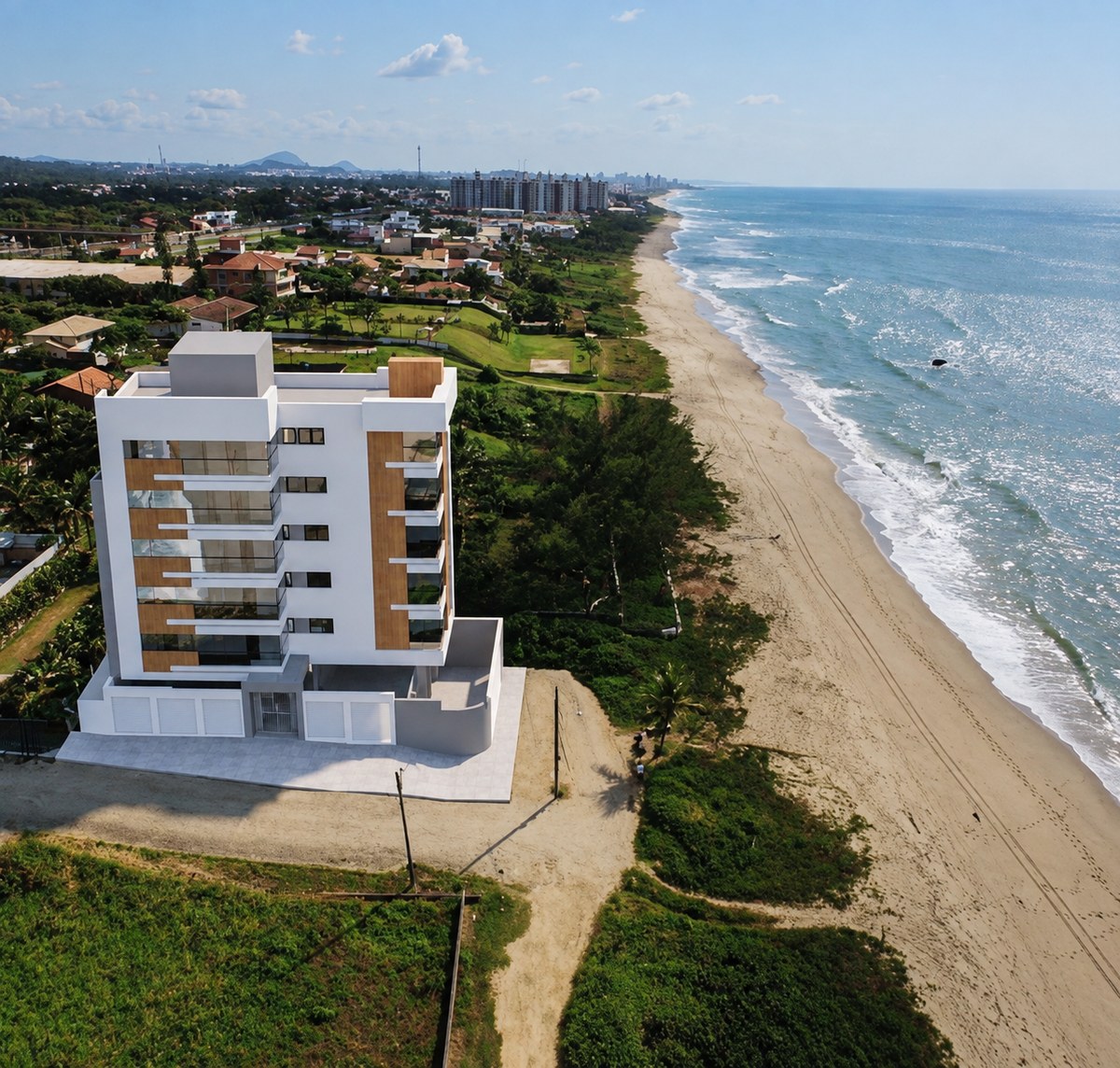 Simulação do cenário de tendência da orla com gabarito de 18 pavimentos: faixa de areia totalmente sombreada às 16h no solstício de verão