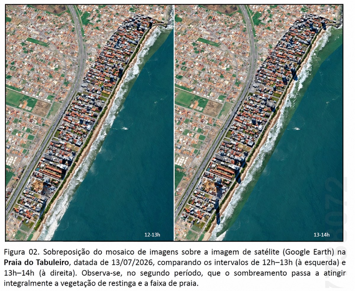 Comparação do sombreamento na Praia do Tabuleiro entre 12h-13h e 13h-14h: no segundo intervalo a sombra cobre a restinga e a faixa de praia