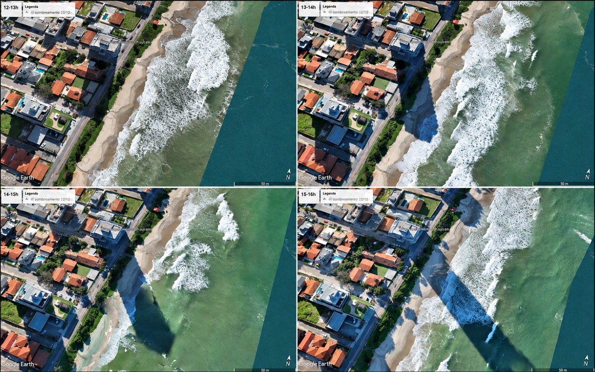 Avanço da sombra sobre a areia e o mar entre 12h e 16h na orla de Barra Velha