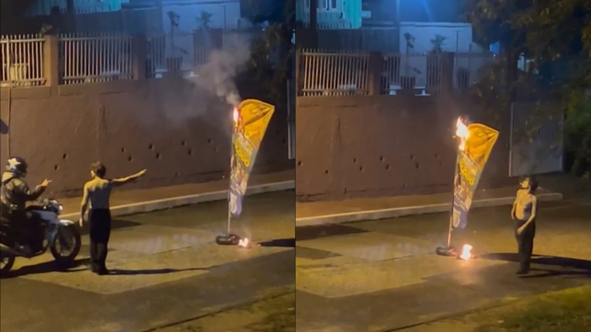 Bêbado é flagrado ateando fogo em “wind-banner” de político e xingando mulher em Brusque - Foto