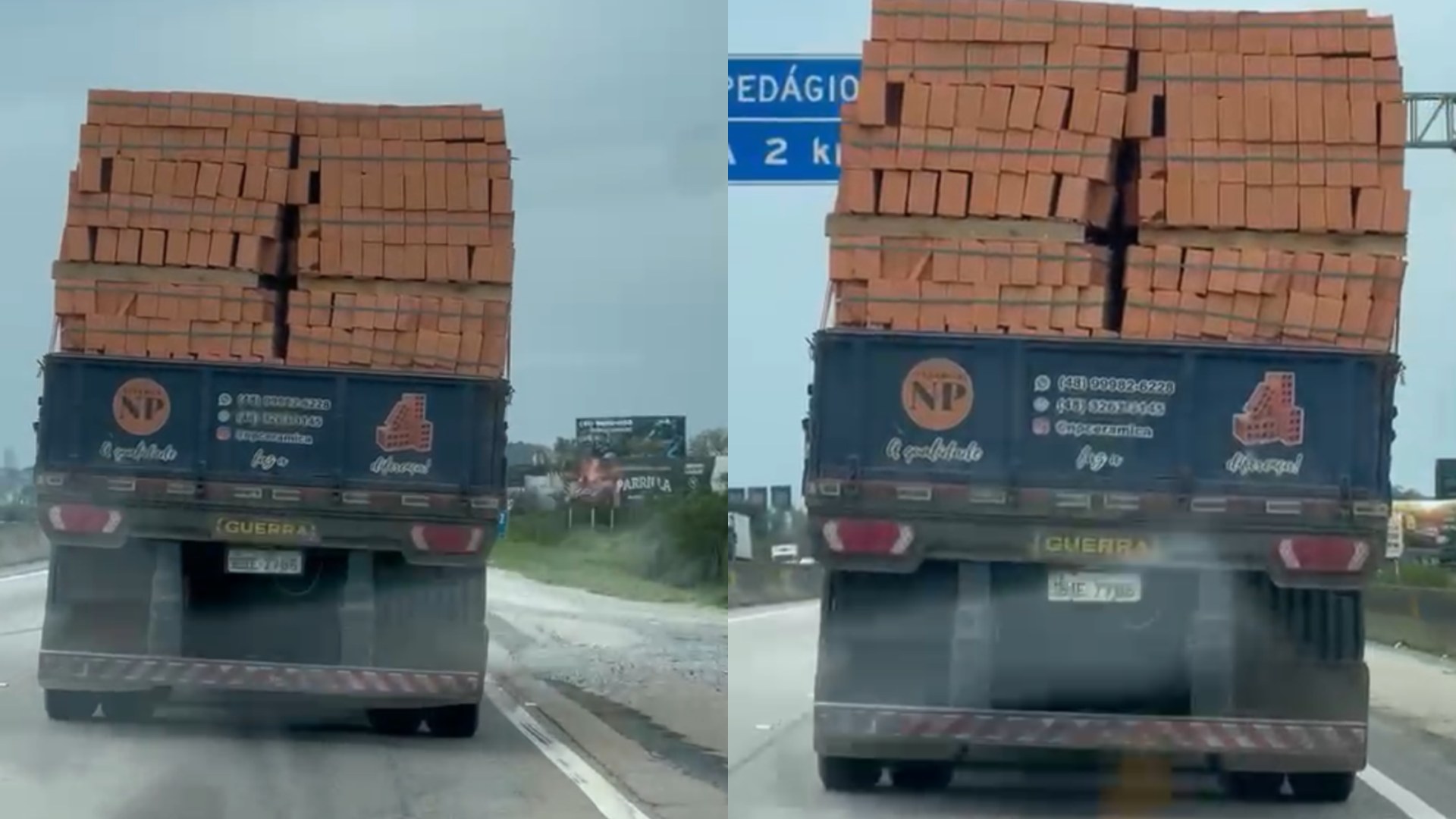 “Por isso que dá acidente”: motorista flagra carga de tijolos “dançando” em carroceria de caminhão na BR-101 em Porto Belo