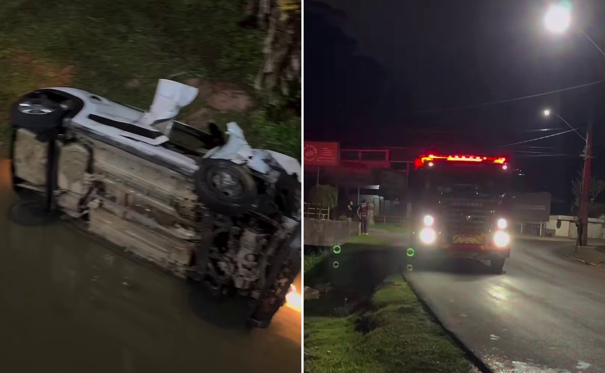 Carro com três crianças e dois adultos cai em ribeirão durante a noite em Brusque
