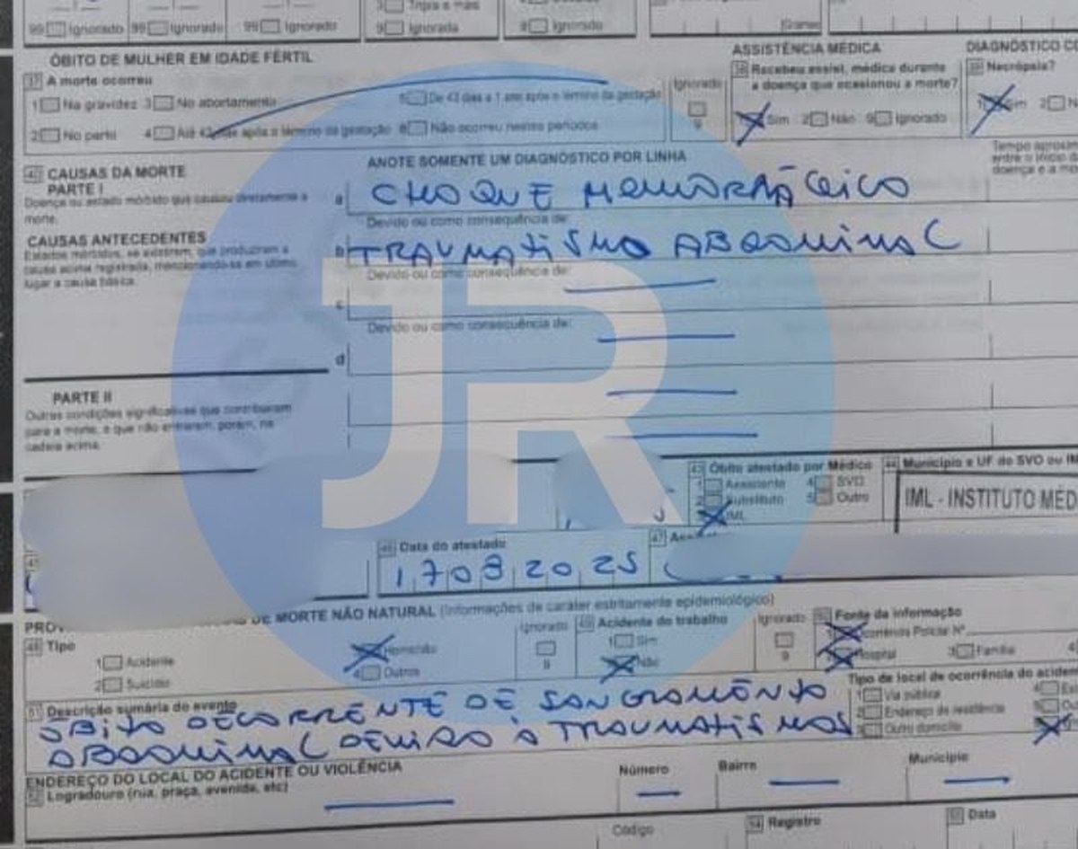 A declaração de óbito registrou morte não natural, por homicídio (Foto: Reprodução)
