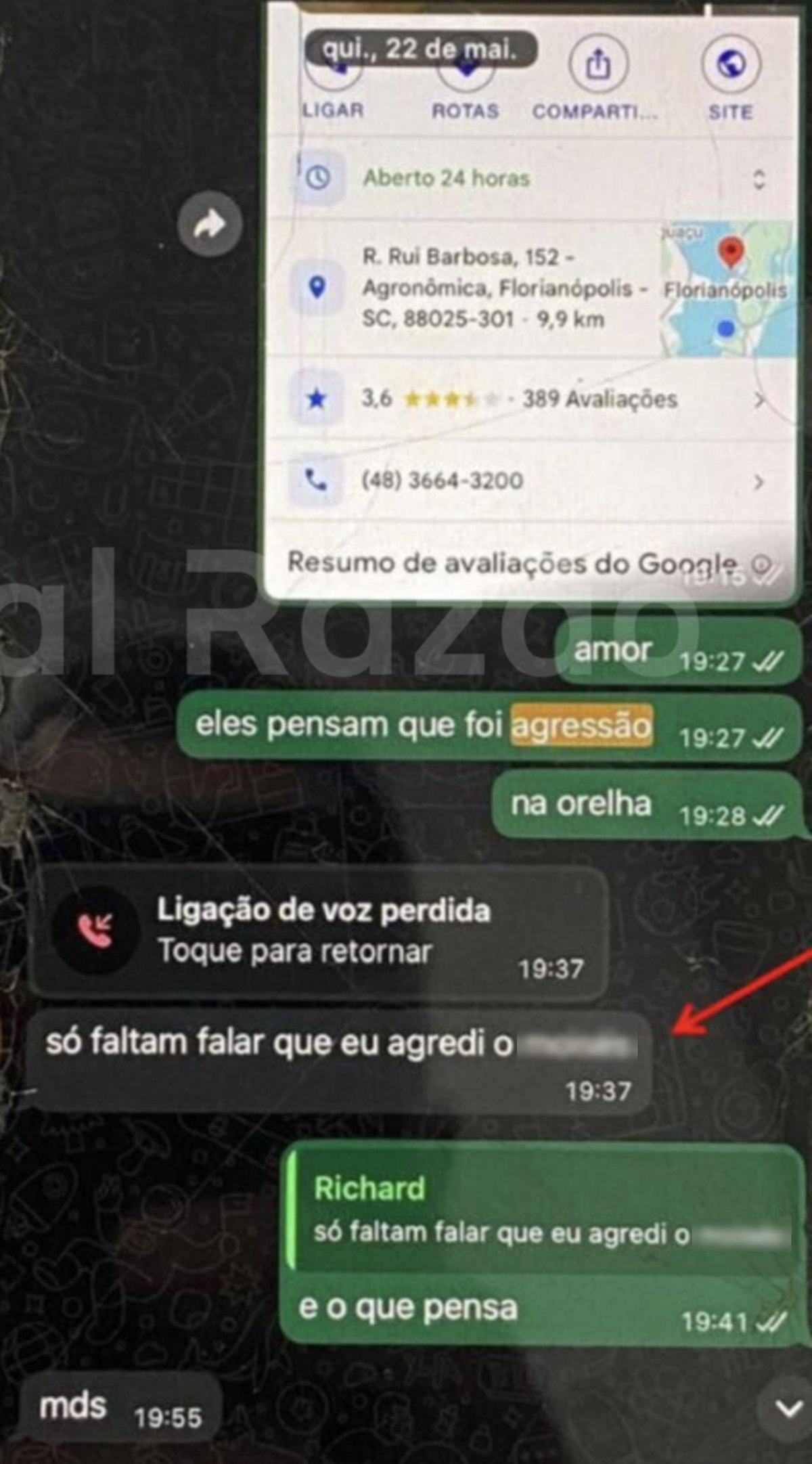 Do hospital, a mãe escreveu ao companheiro que os médicos falavam em agressão (Foto: Reprodução)