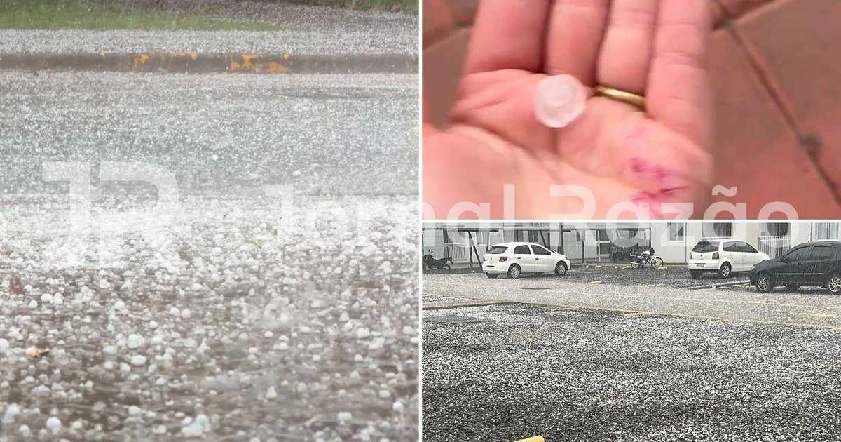 Chuva de granizo cobre ruas e estacionamentos de gelo em Chapecó nesta segunda-feira; veja vídeos