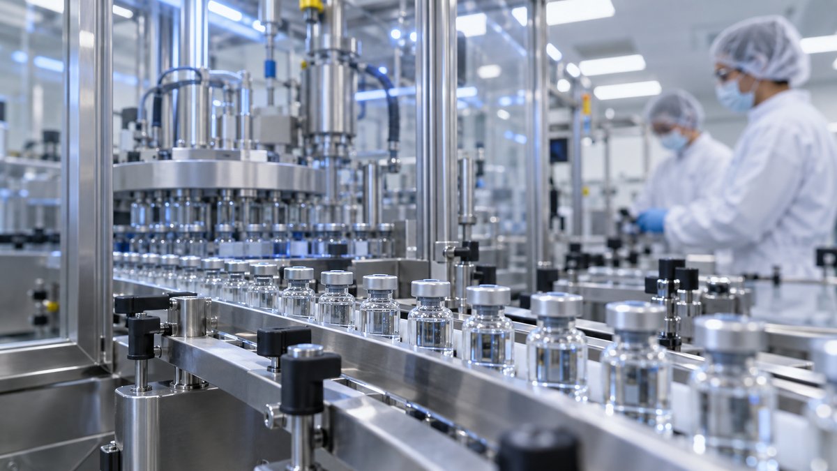 Linha de produção de indústria farmacêutica com frascos de medicamentos