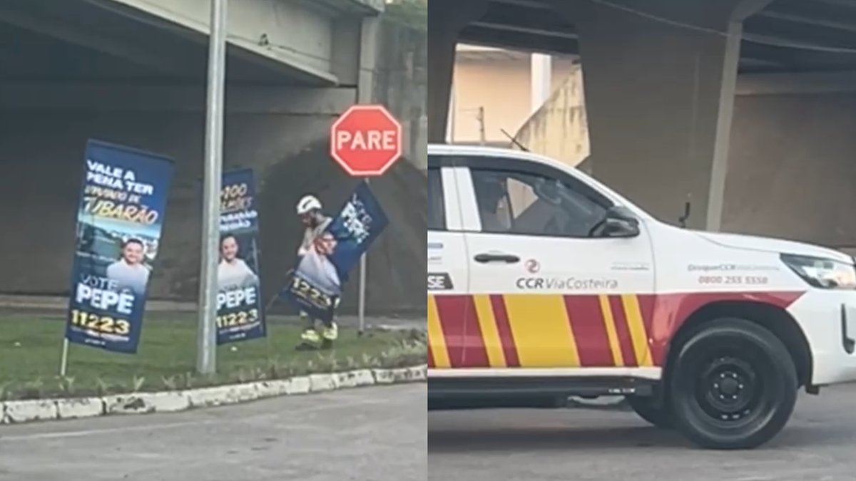 Funcionários da CCR arrancam bandeiras de campanha instaladas sob o viaduto da BR-101 em Tubarão