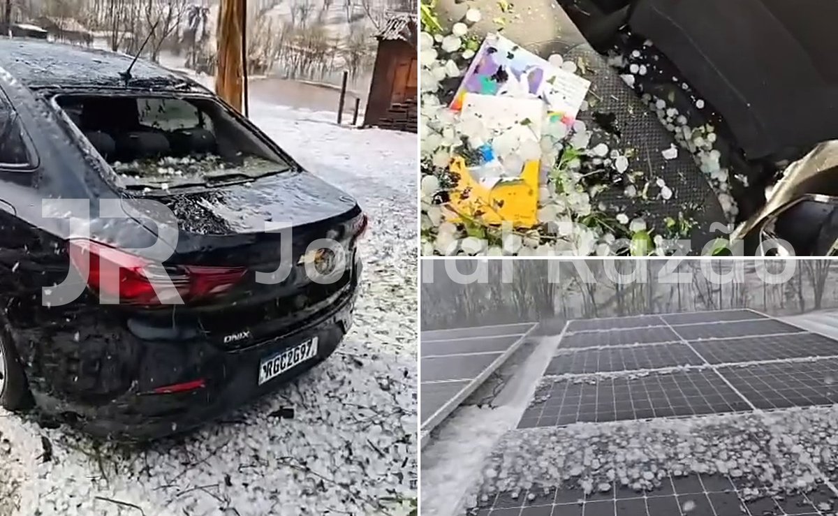 Granizo estilhaça vidro, amassa lataria e enche carro de gelo no Oeste de SC