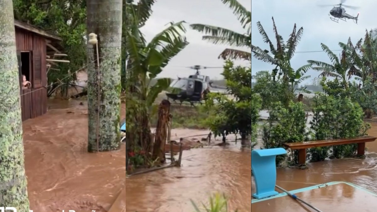 URGENTE: Helicóptero resgata família de casa tomada pela água em cidade de SC