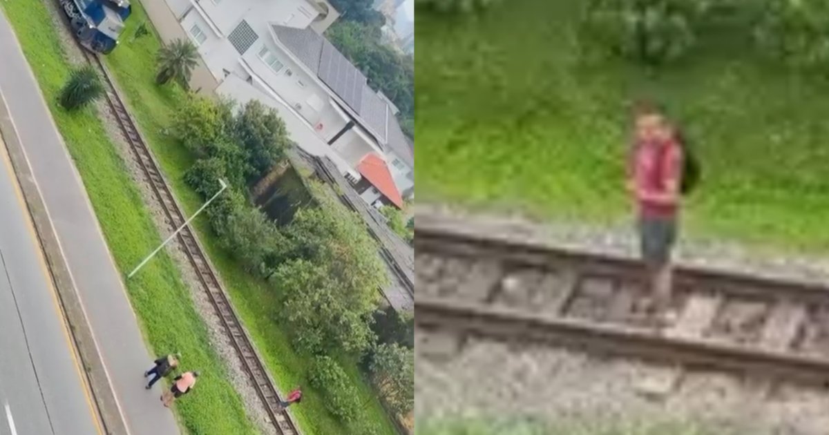 Homem faz brincadeira de “criança” em trilho de trem e quase acaba mal em Santa Catarina
