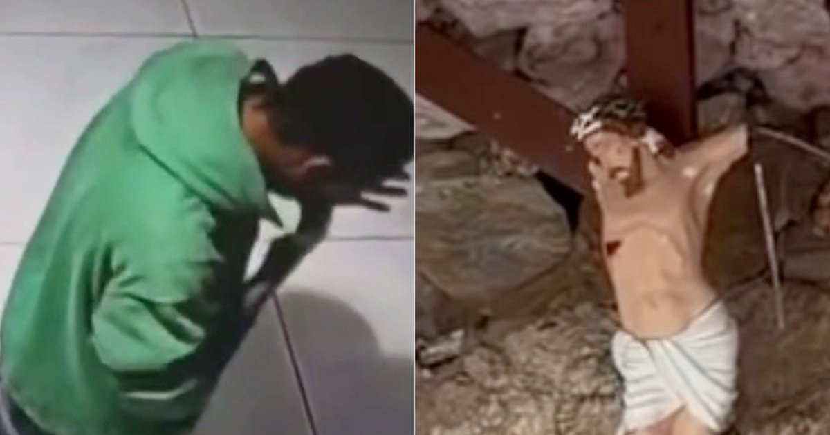 Homem é flagrado orando após vandalizar imagem de Jesus em SC