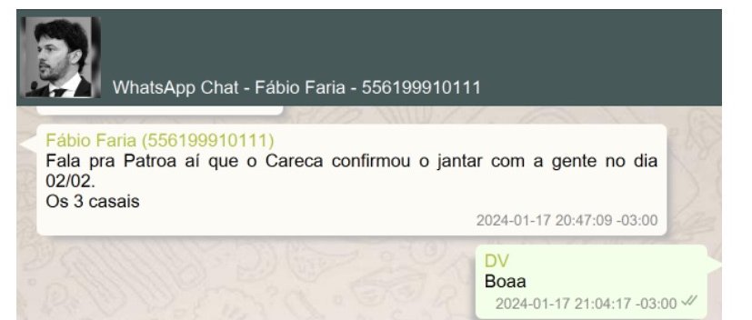 “O Careca confirmou o jantar com a gente”: a mensagem de 17 de janeiro de 2024. Reprodução: laudo da Polícia Federal