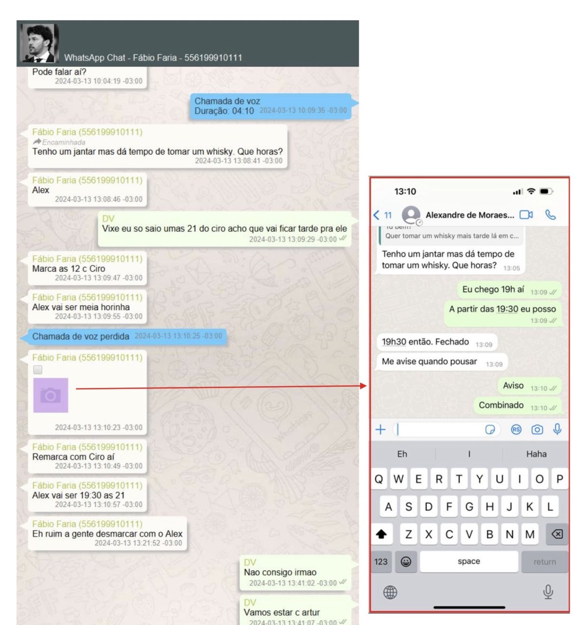 O recorte da conversa exibida na tela do iPhone, enviado ao banqueiro para acertar o horário. Reprodução: laudo da Polícia Federal