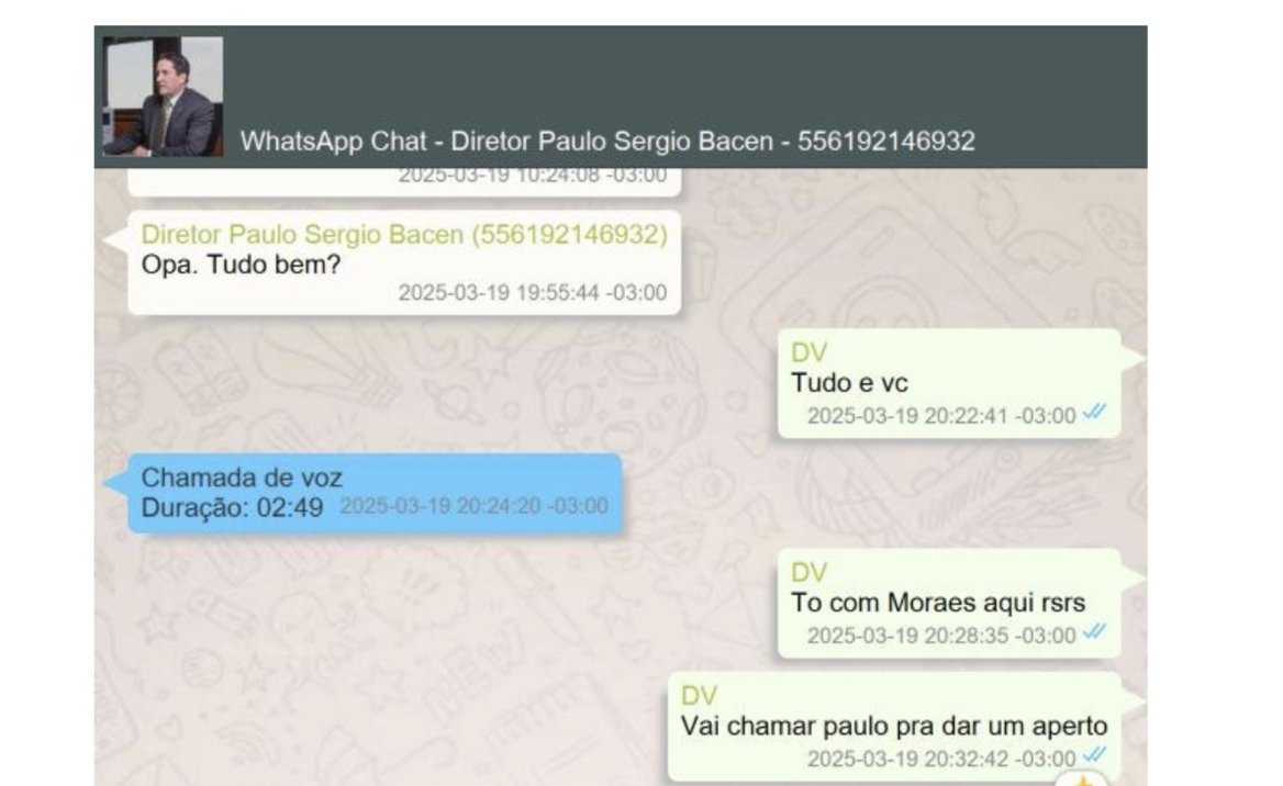 “To com Moraes aqui rsrs”, escreve o banqueiro a um diretor do Banco Central. Reprodução: laudo da Polícia Federal