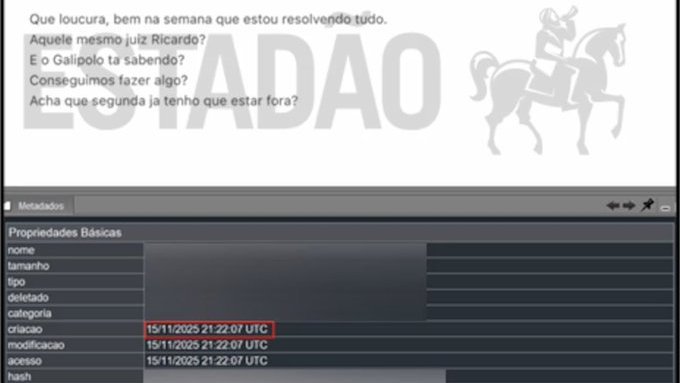 Mensagem atribuída a Daniel Vorcaro ao lado da tela de metadados com data de 15 de novembro de 2025