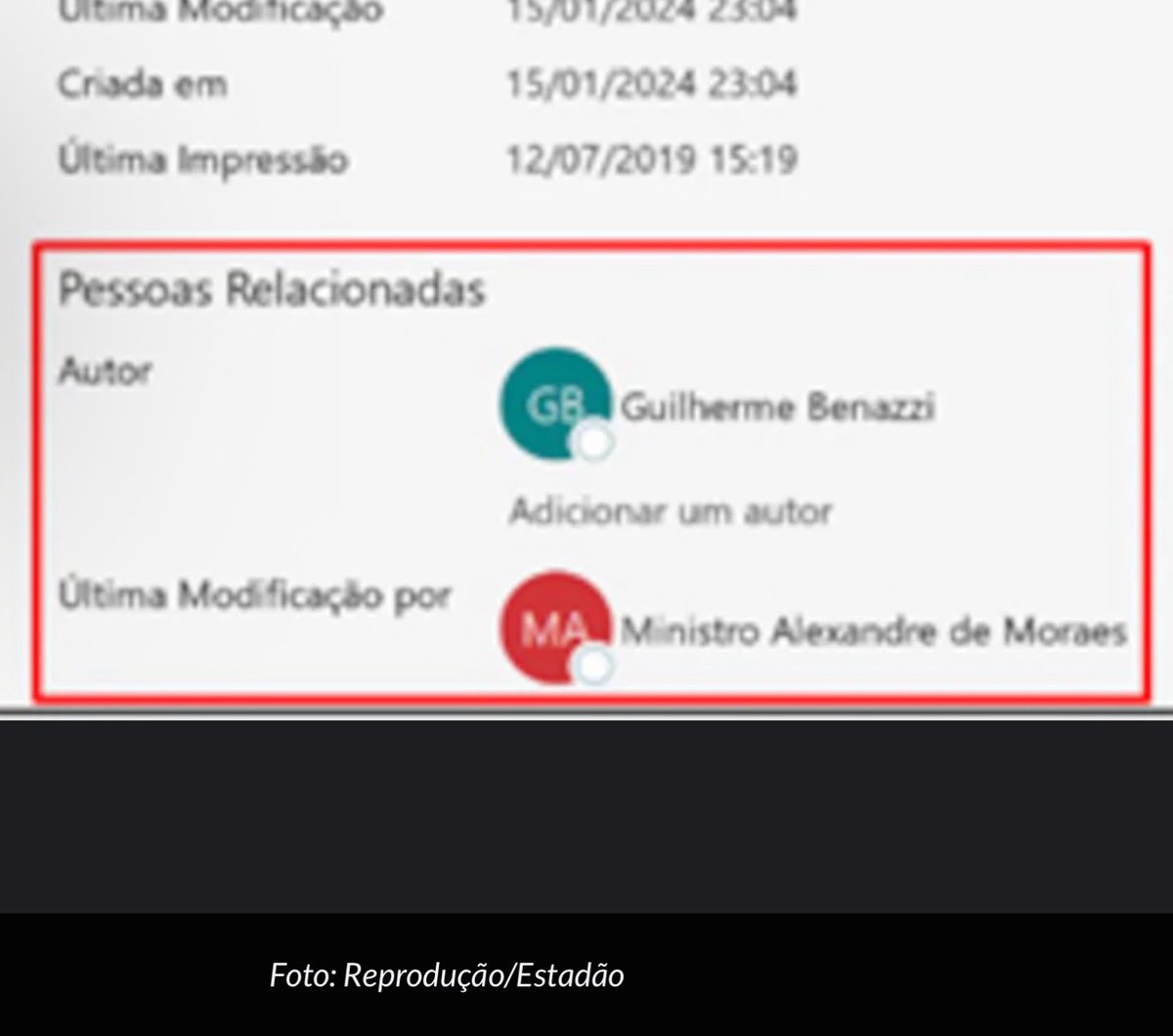 Propriedades do arquivo do contrato com o campo Última Modificação por Ministro Alexandre de Moraes