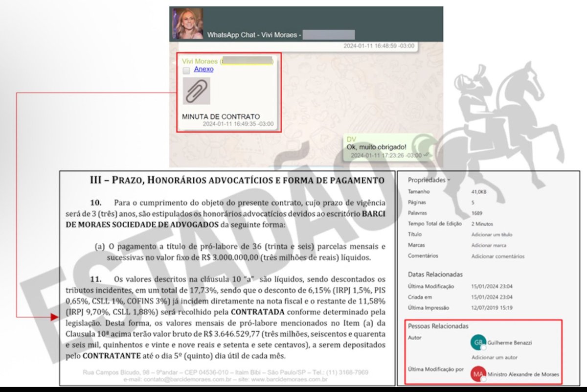 Print do WhatsApp com a minuta do contrato e a cláusula de honorários do escritório Barci de Moraes