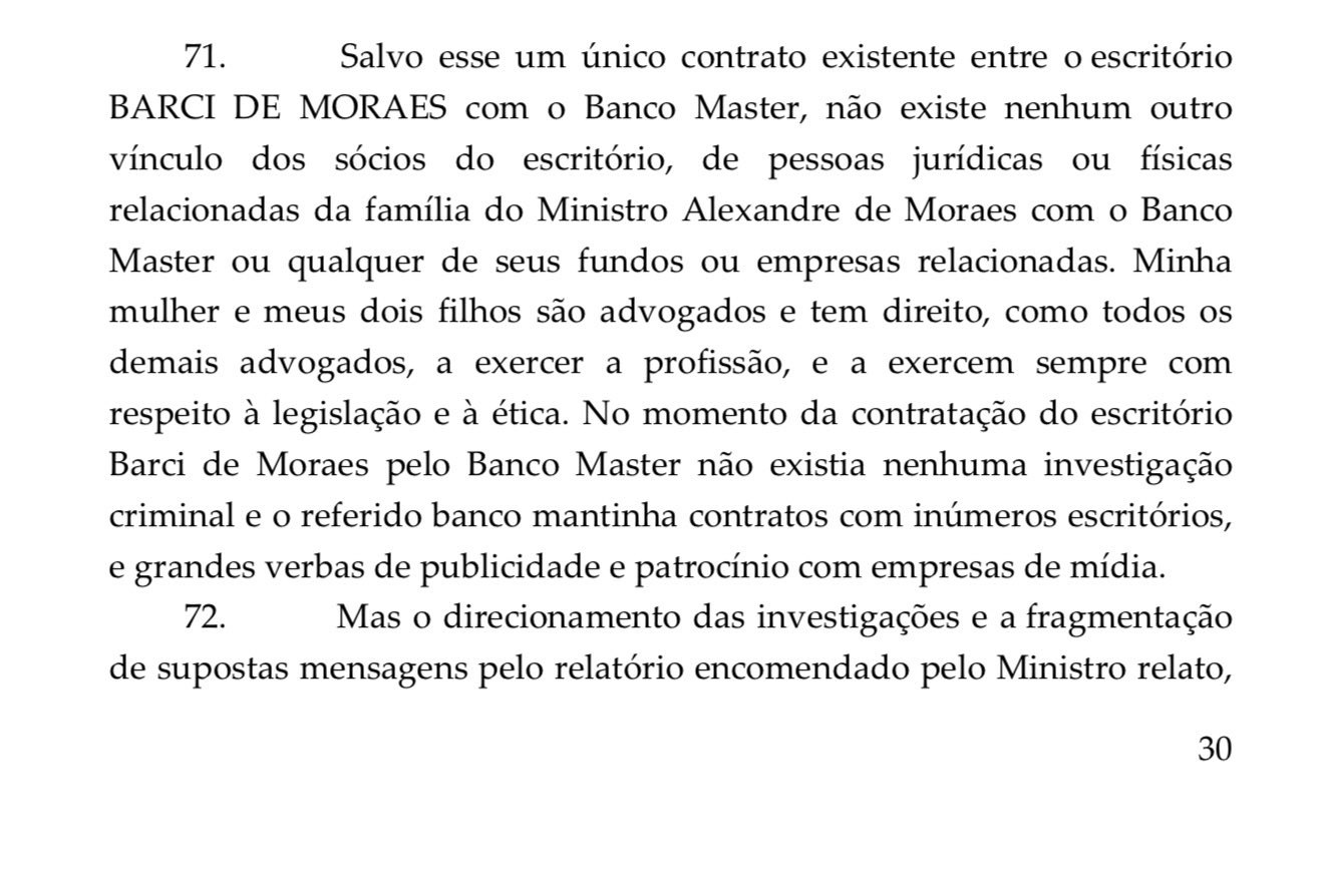 Trecho da defesa de Moraes sobre o contrato do escritório Barci de Moraes