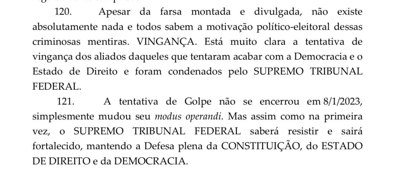 Trecho da defesa de Alexandre de Moraes em que ele fala em vingança e tentativa de golpe