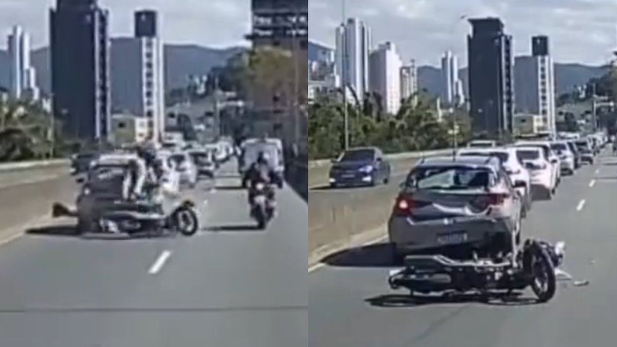 Motociclista não percebe fila parada e acerta em cheio a traseira de um carro em Blumenau