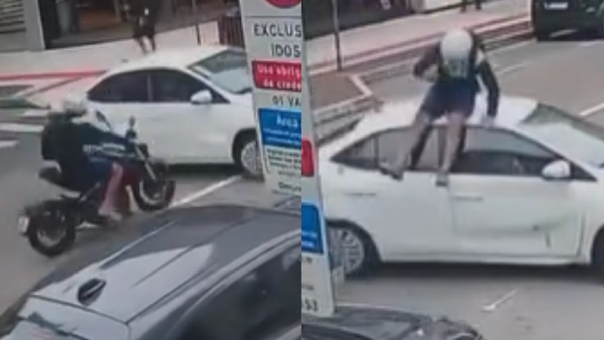 Motociclista é arremessado em colisão e termina sentado “no teto” de carro em Balneário Camboriú