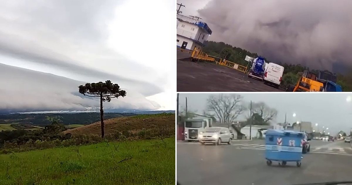 Nuvem gigante “engole” o céu e ventania arrasta contêiner de lixo pela avenida em SC