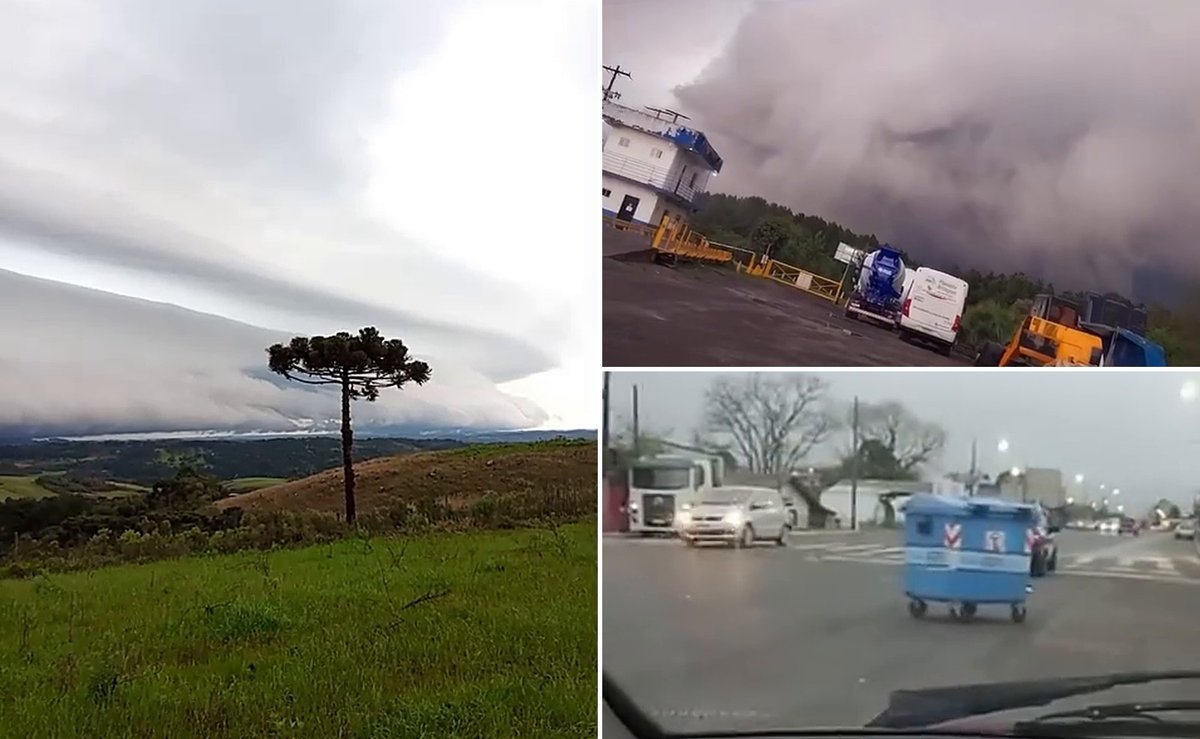 Nuvem gigante “engole” o céu e ventania arrasta contêiner de lixo pela avenida em SC