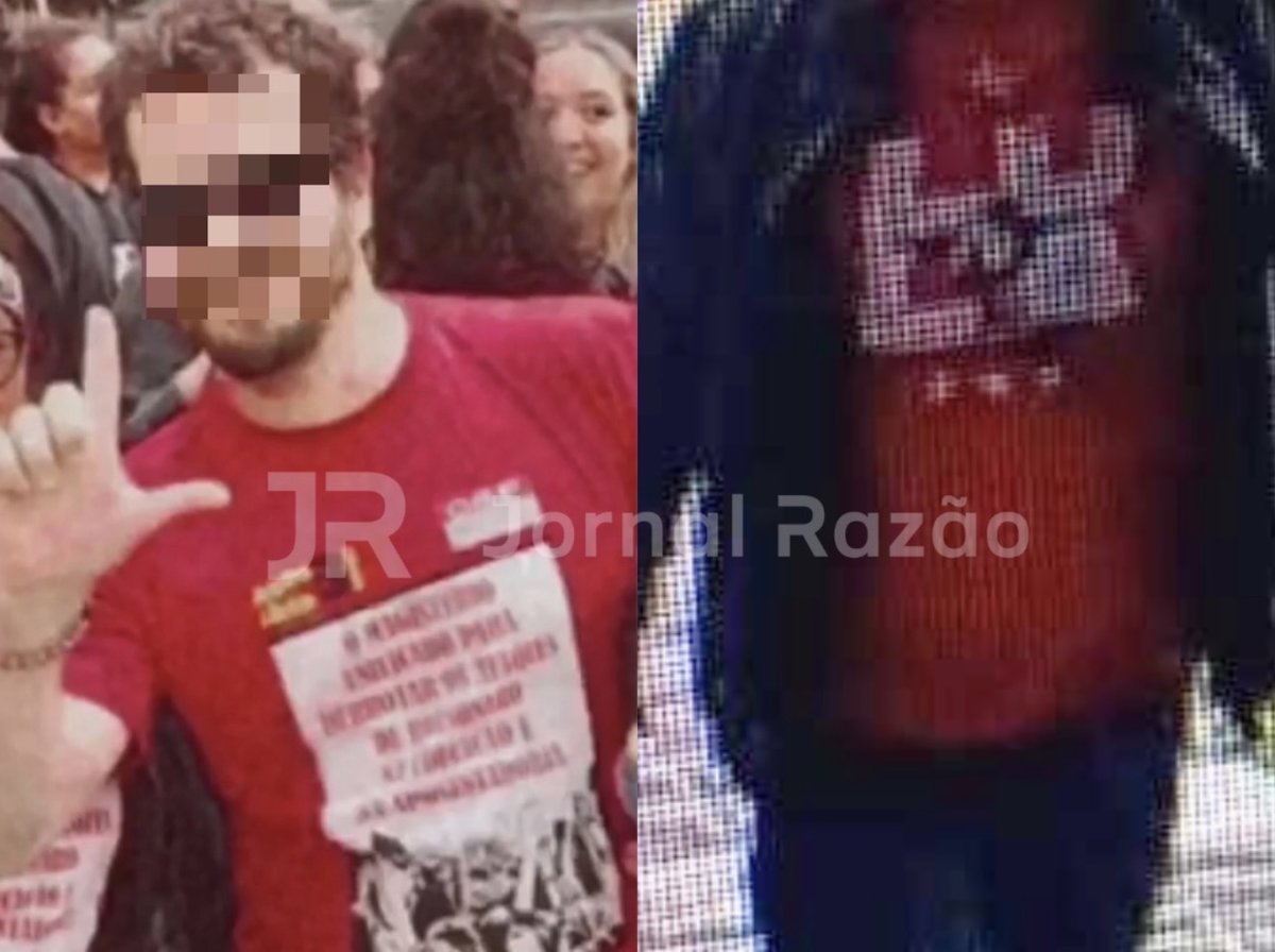 Professor aparece em ato com camiseta vermelha; ao lado, imagem dele com a camiseta de Lula na escola