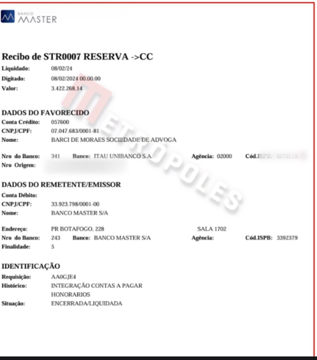 Recibo de transferência do Banco Master para o escritório Barci de Moraes Sociedade de Advogados