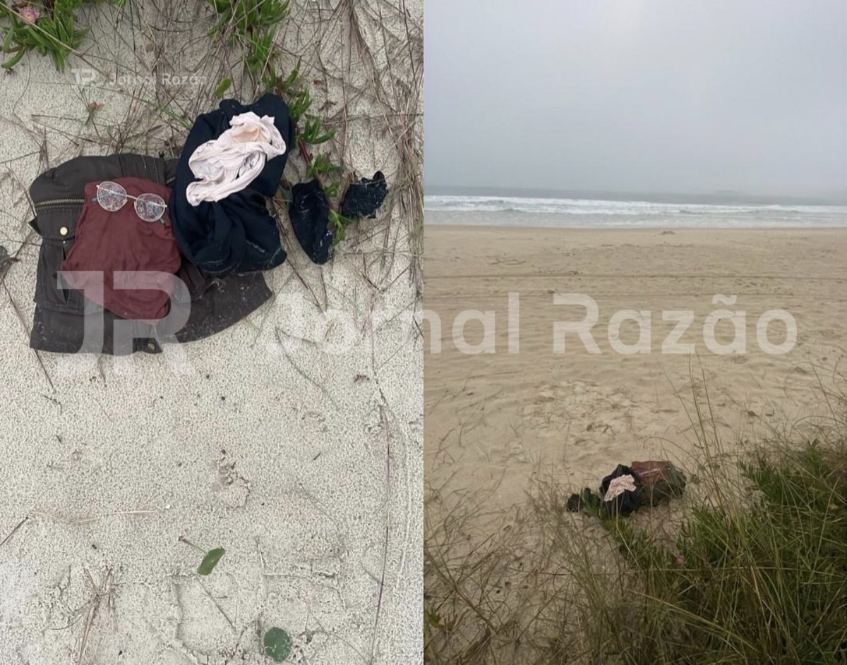 Roupas femininas e um óculos sobre a areia, na vegetação de restinga da praia dos Ingleses