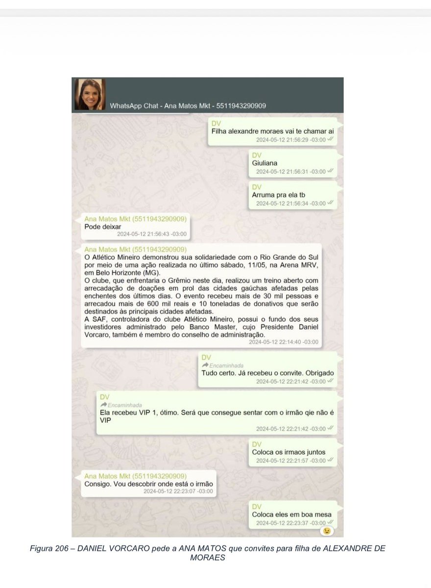 Conversa em que Vorcaro pede convites VIP para a filha do ministro Alexandre de Moraes